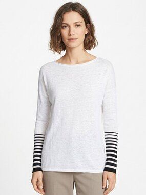 VINCE Long Sleeve Shirt 100% Cotton Top Stripe Arms Scoop Neck White Black M